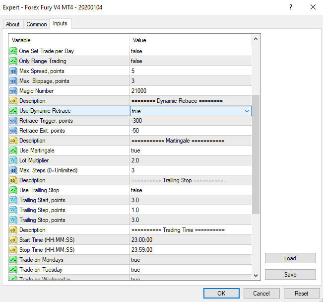 Настройки форекс-советника