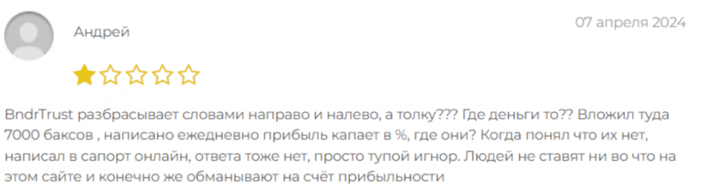 Негативный отзыв о BndrTrust 