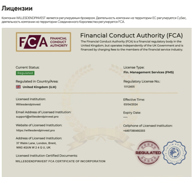 WILLESDENDPINVEST лицензии